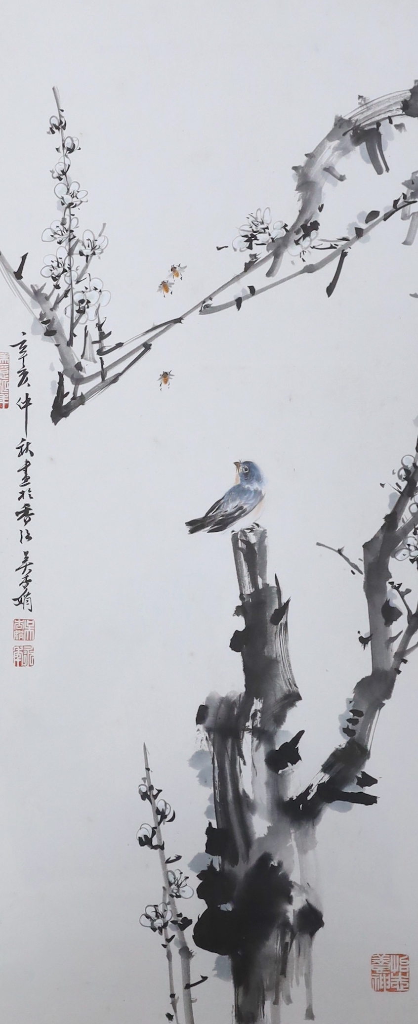 Chinese School, watercolour, Birds and insects amongst flowers, 74 x 29cm